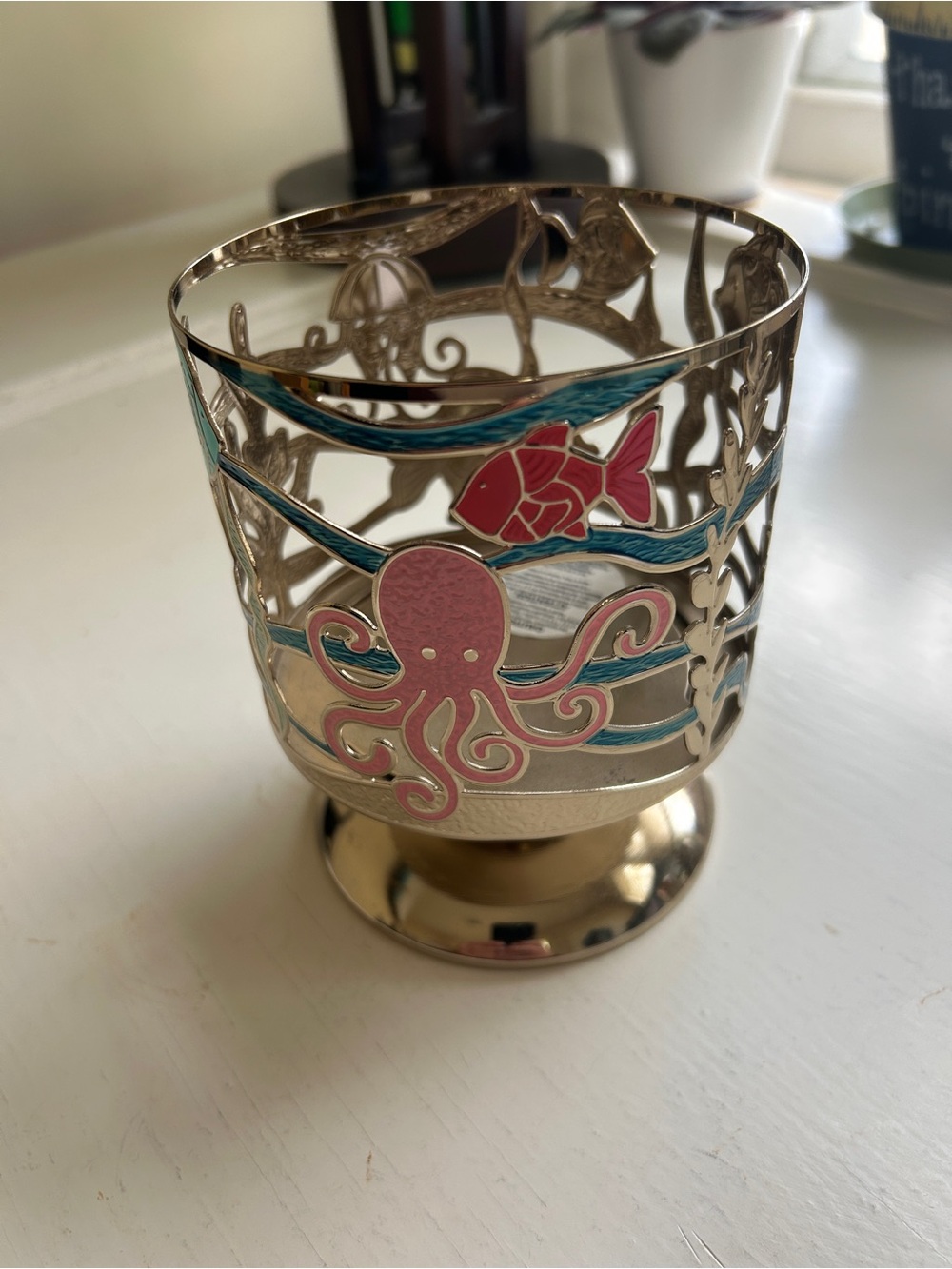 Bath & Body Works Silver Ocean Votive with Pink Octopus and Blue Waves